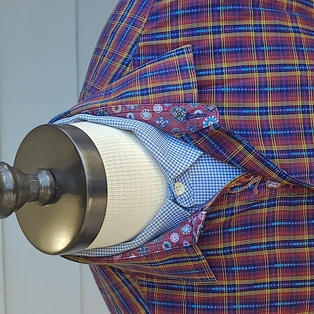ROBERT GRAHAM Red Gold Blue Plaid Cotton Large Mens Long Sleeve Shirt - Picture 2 of 7